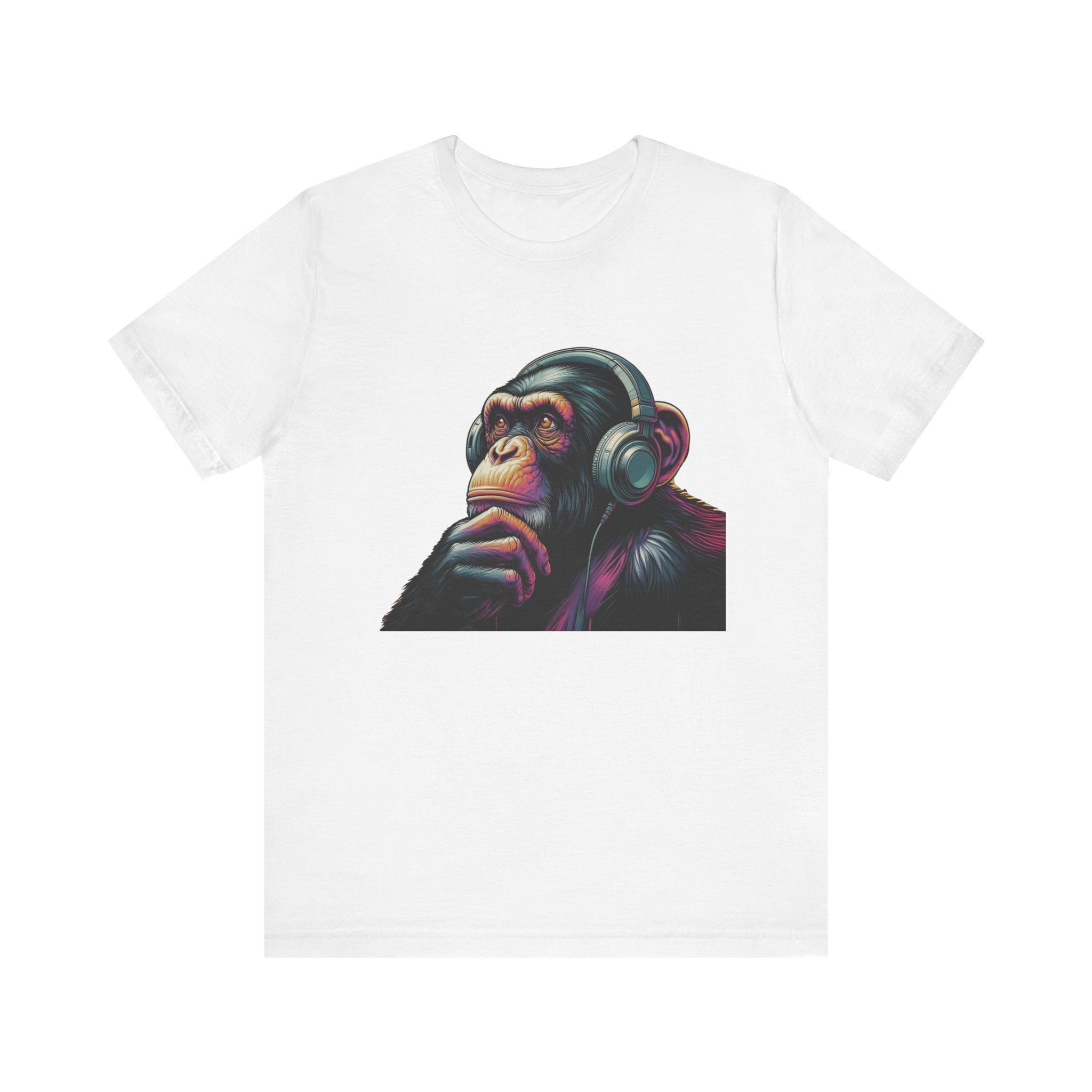 Colorful chimpanzee wearing headphones graphic tee by PopCultureByDesign36