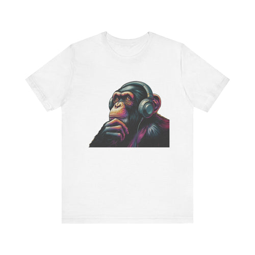 Colorful chimpanzee wearing headphones graphic tee by PopCultureByDesign36