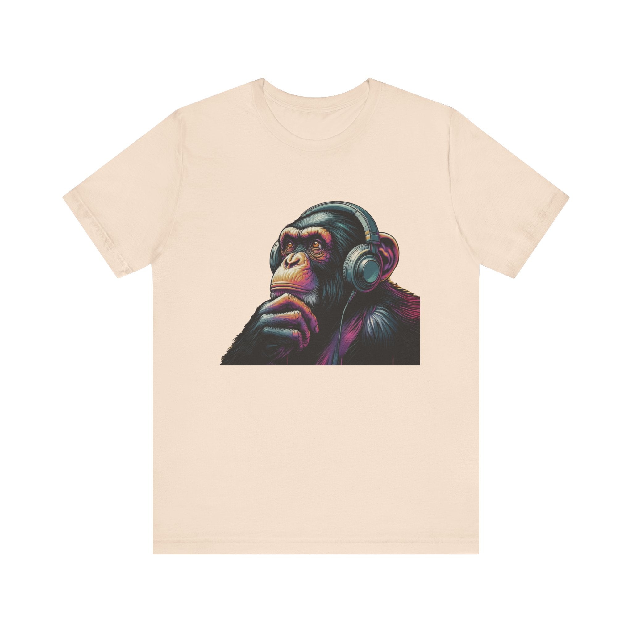 Colorful chimpanzee wearing headphones graphic tee by PopCultureByDesign36