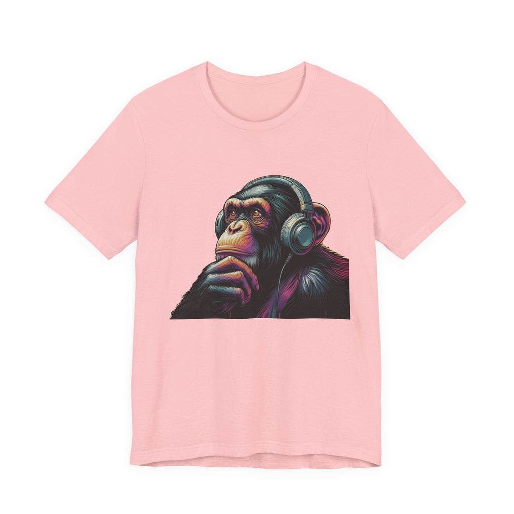 Colorful chimpanzee wearing headphones graphic tee by PopCultureByDesign36