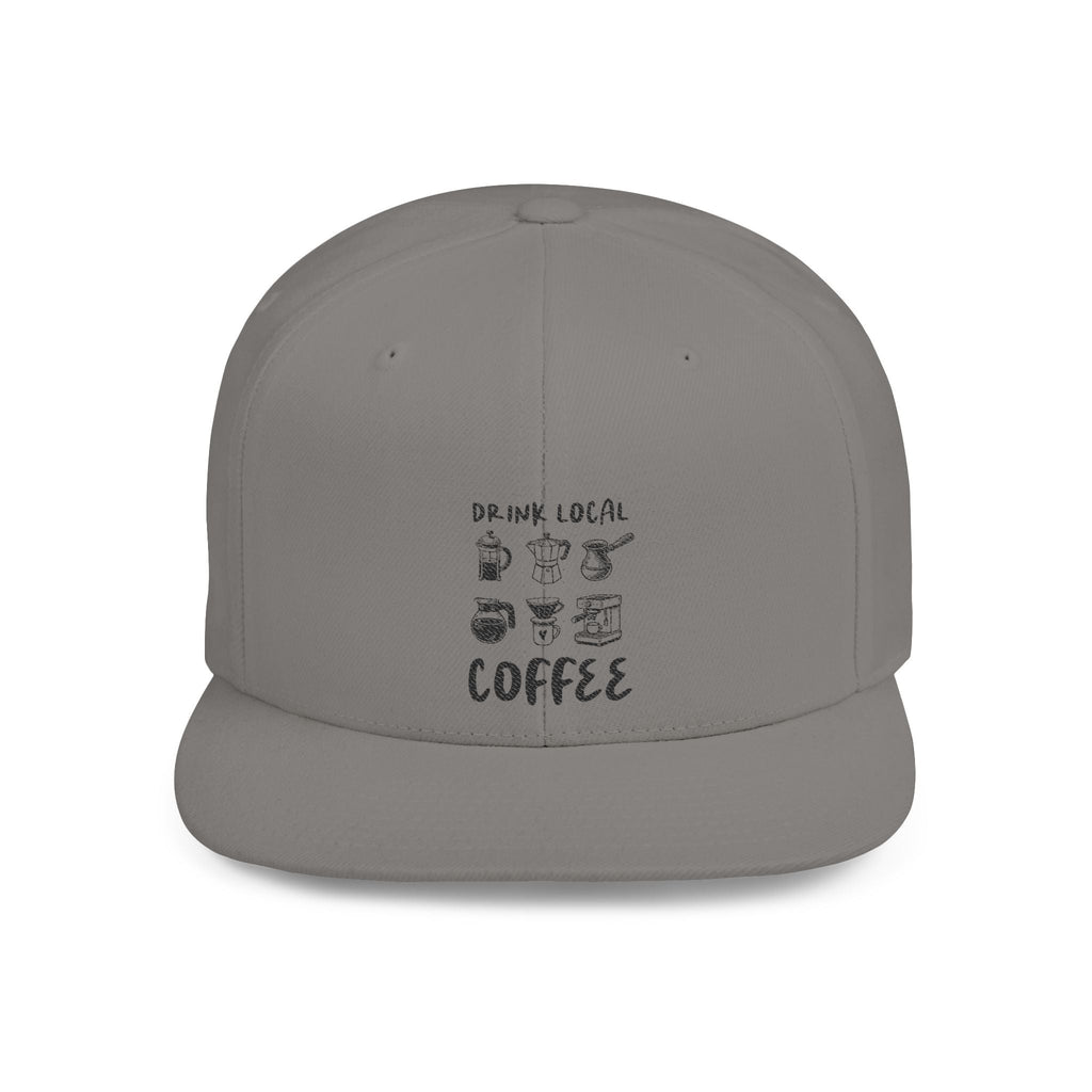 Drink Local Coffee Snapback Hat — Flat Bill Coffee Lover Cap by PopCultureByDesign36