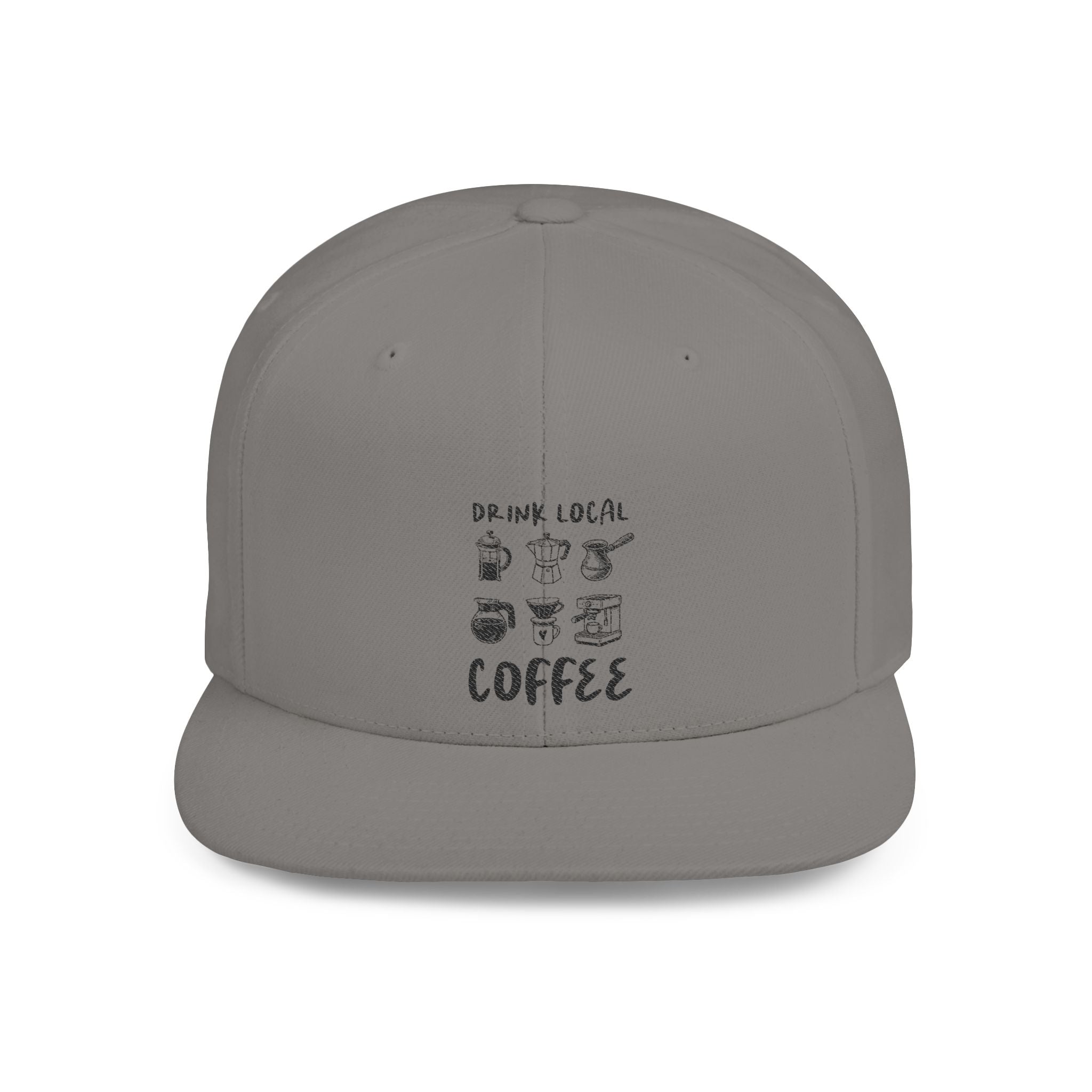 Drink Local Coffee Snapback Hat — Flat Bill Coffee Lover Cap by PopCultureByDesign36