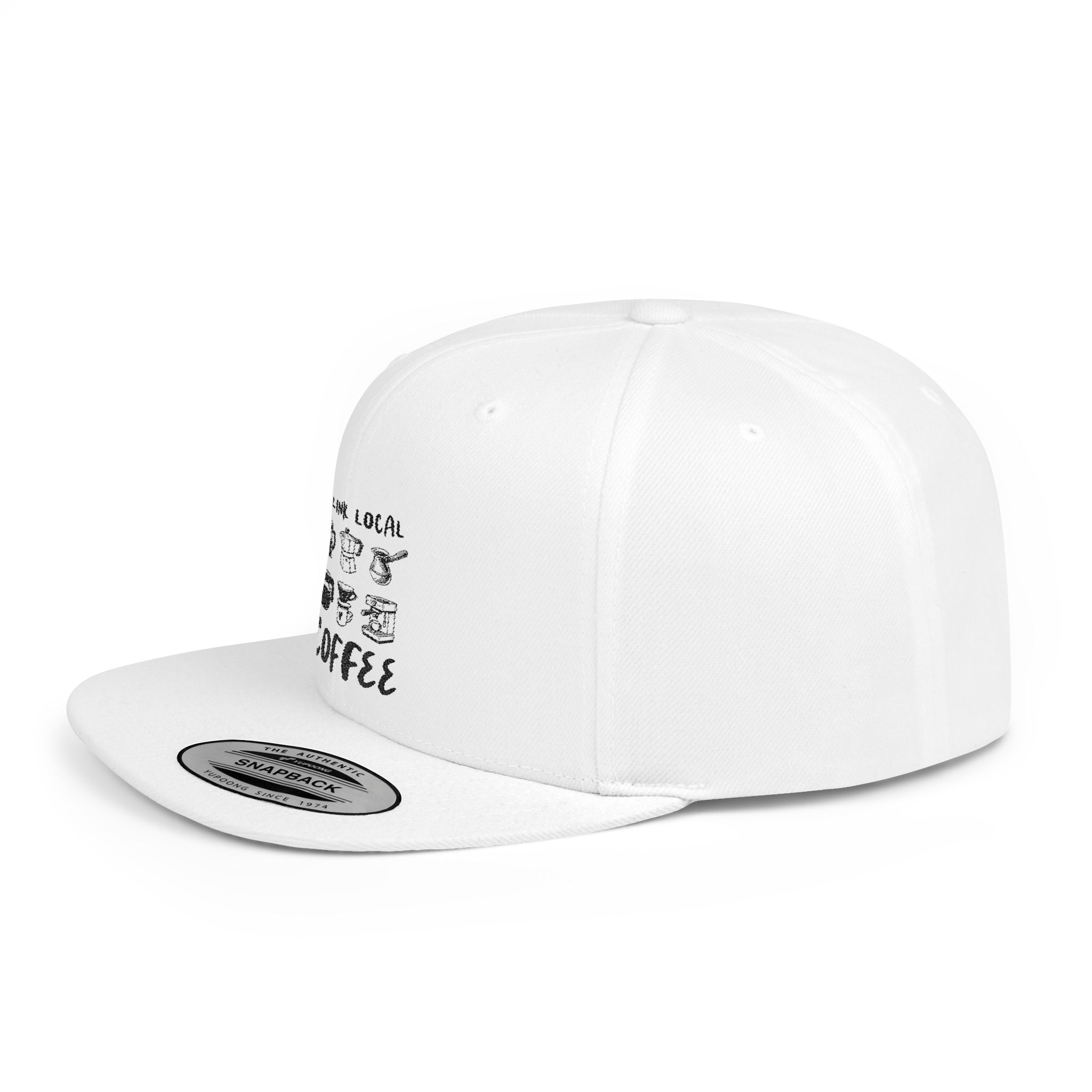 Drink Local Coffee Snapback Hat — Flat Bill Coffee Lover Cap by PopCultureByDesign36