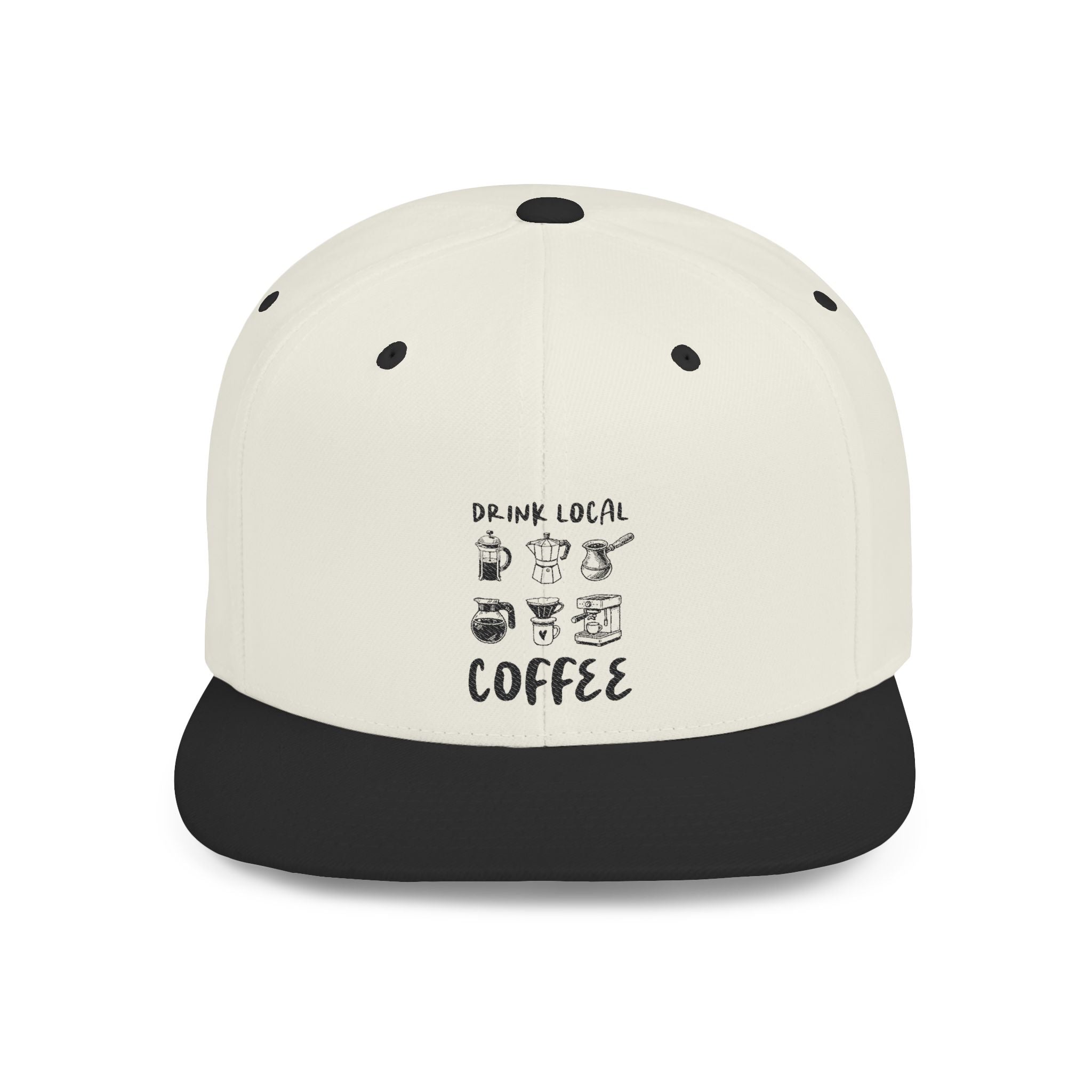 Drink Local Coffee Snapback Hat — Flat Bill Coffee Lover Cap by PopCultureByDesign36