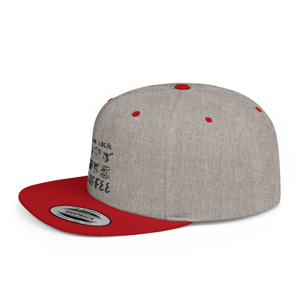Drink Local Coffee Snapback Hat — Flat Bill Coffee Lover Cap by PopCultureByDesign36