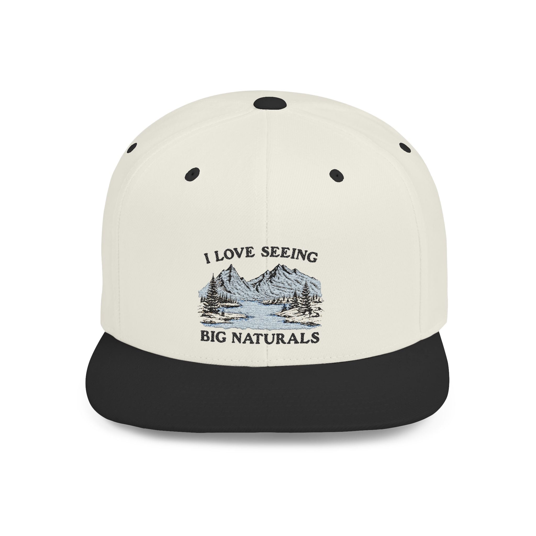 Funny Boob Pun Snapback — “I Love Seeing Big Naturals” Flat Bill Hat by Printify