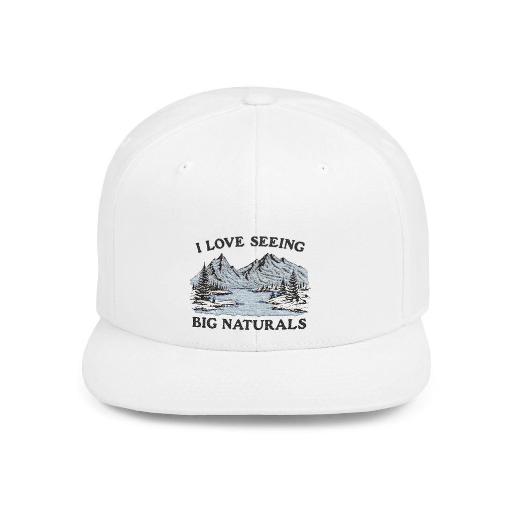 Funny Boob Pun Snapback — “I Love Seeing Big Naturals” Flat Bill Hat by Printify