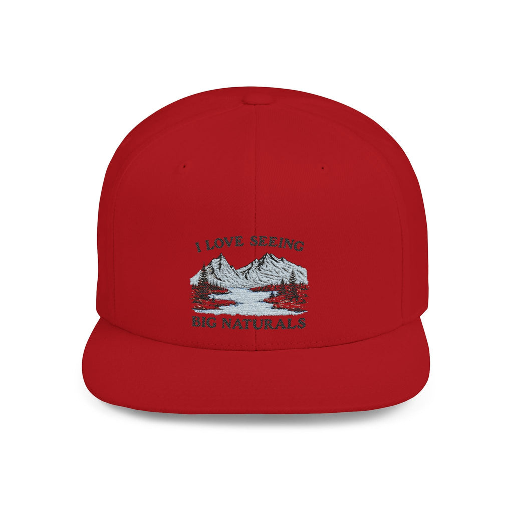Funny Boob Pun Snapback — “I Love Seeing Big Naturals” Flat Bill Hat by Printify
