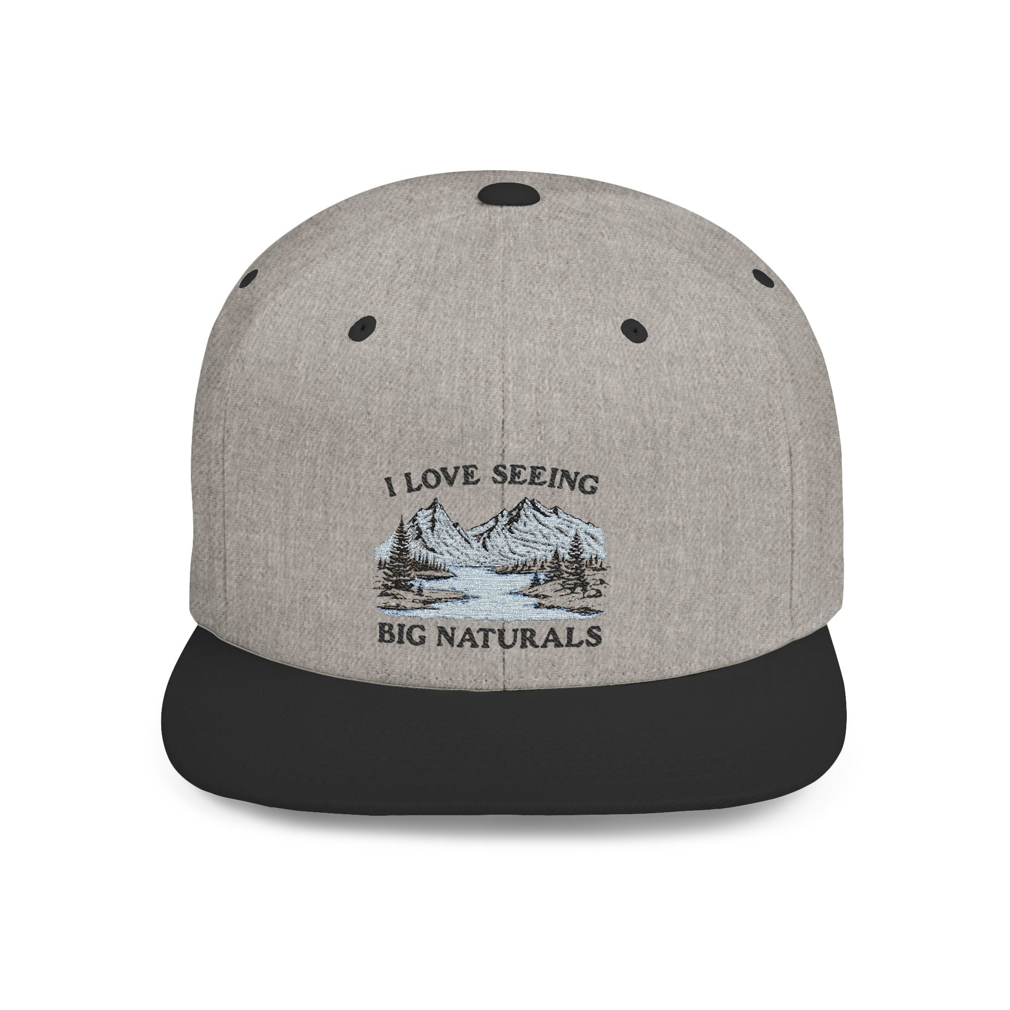 Funny Boob Pun Snapback — “I Love Seeing Big Naturals” Flat Bill Hat by Printify