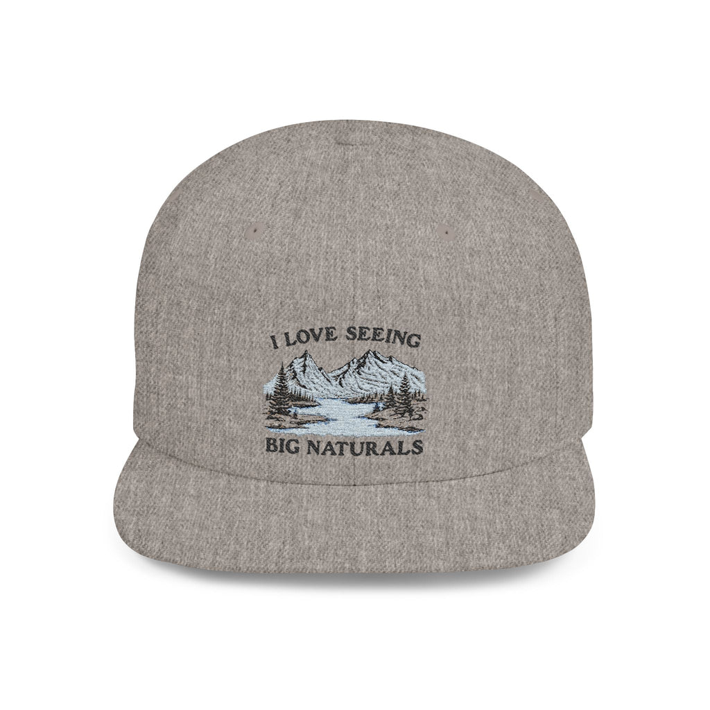 Funny Boob Pun Snapback — “I Love Seeing Big Naturals” Flat Bill Hat by Printify