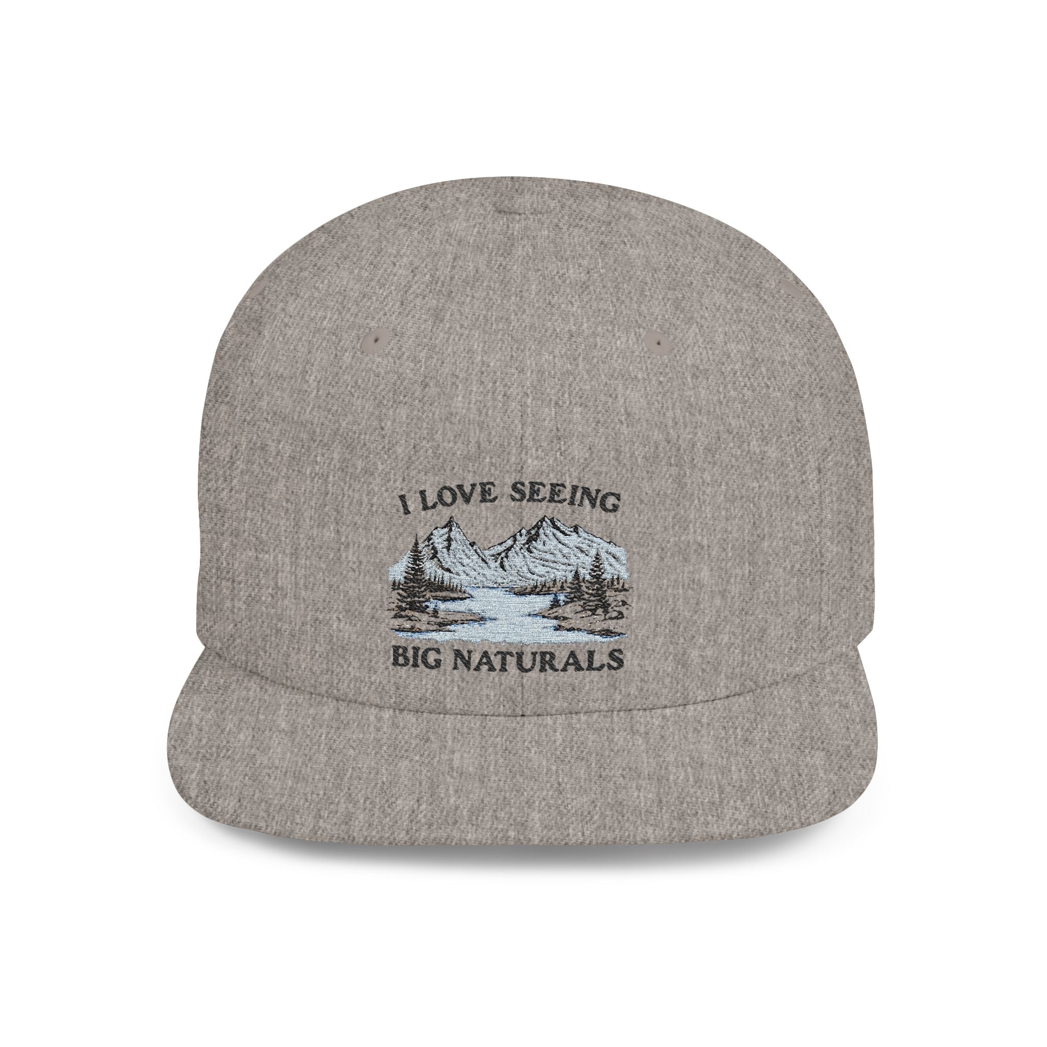 Funny Boob Pun Snapback — “I Love Seeing Big Naturals” Flat Bill Hat by Printify