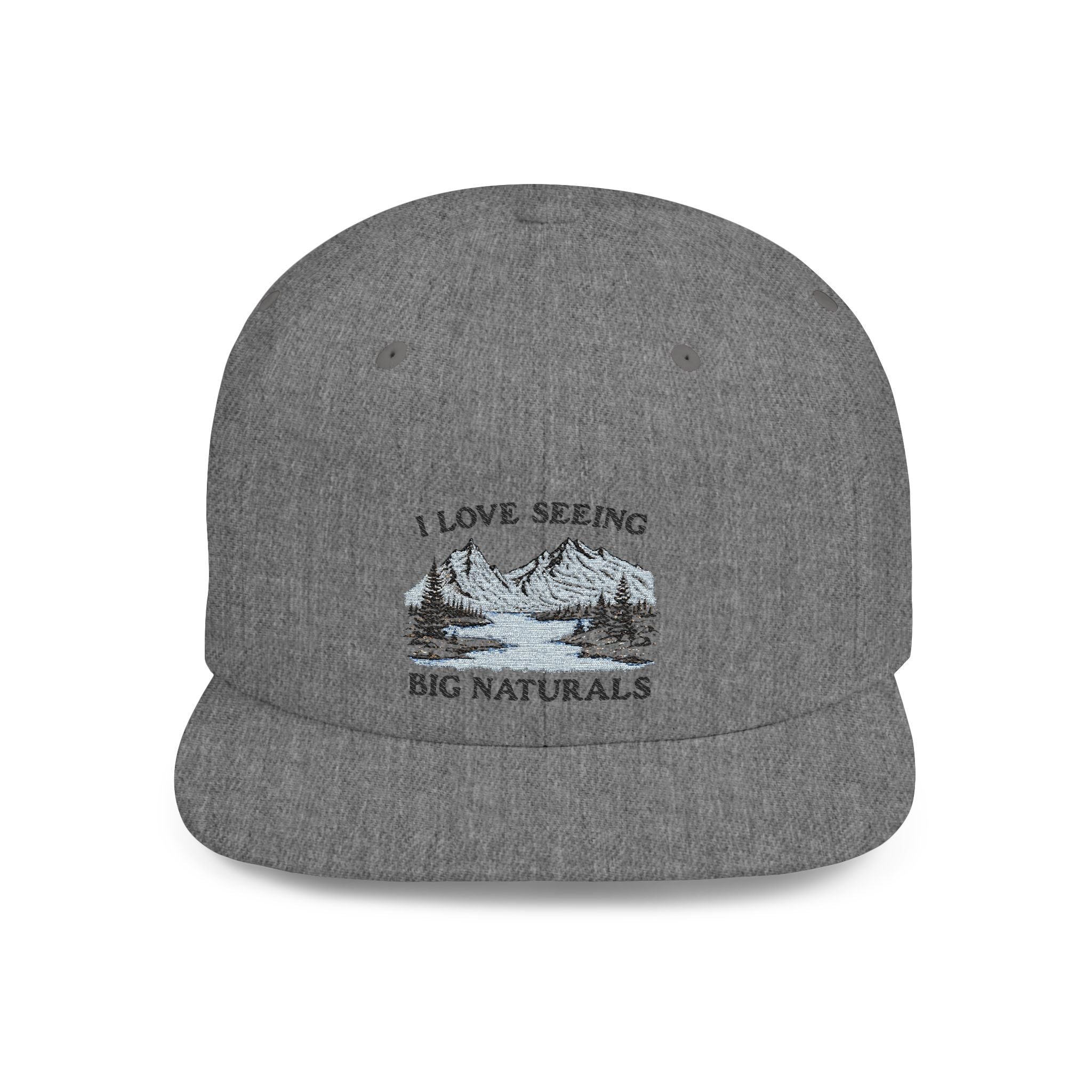 Funny Boob Pun Snapback — “I Love Seeing Big Naturals” Flat Bill Hat by Printify