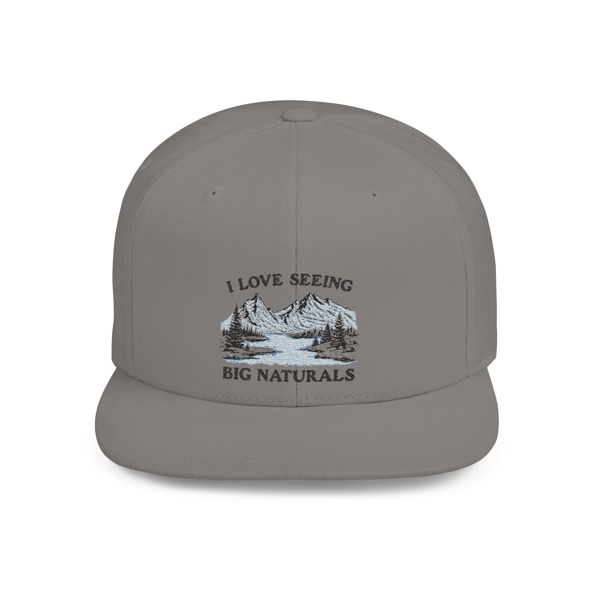 Funny Boob Pun Snapback — “I Love Seeing Big Naturals” Flat Bill Hat by Printify