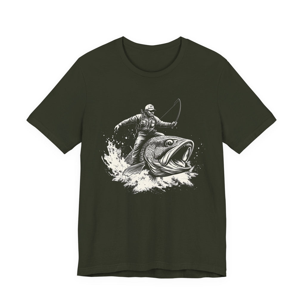 Funny Fisherman Riding a Trout T-Shirt, Fishing Tee by PopCultureByDesign36