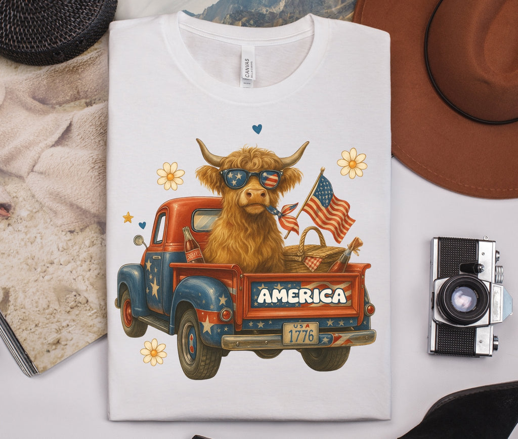Highland Cow Fourth of July Funny Shirt, Scotland Farm Gift by PopCultureByDesign36
