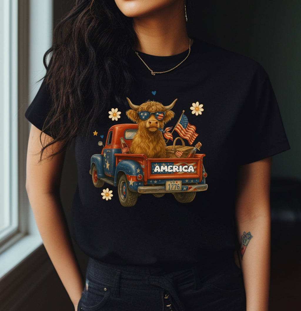 Highland Cow Fourth of July Funny Shirt, Scotland Farm Gift by PopCultureByDesign36