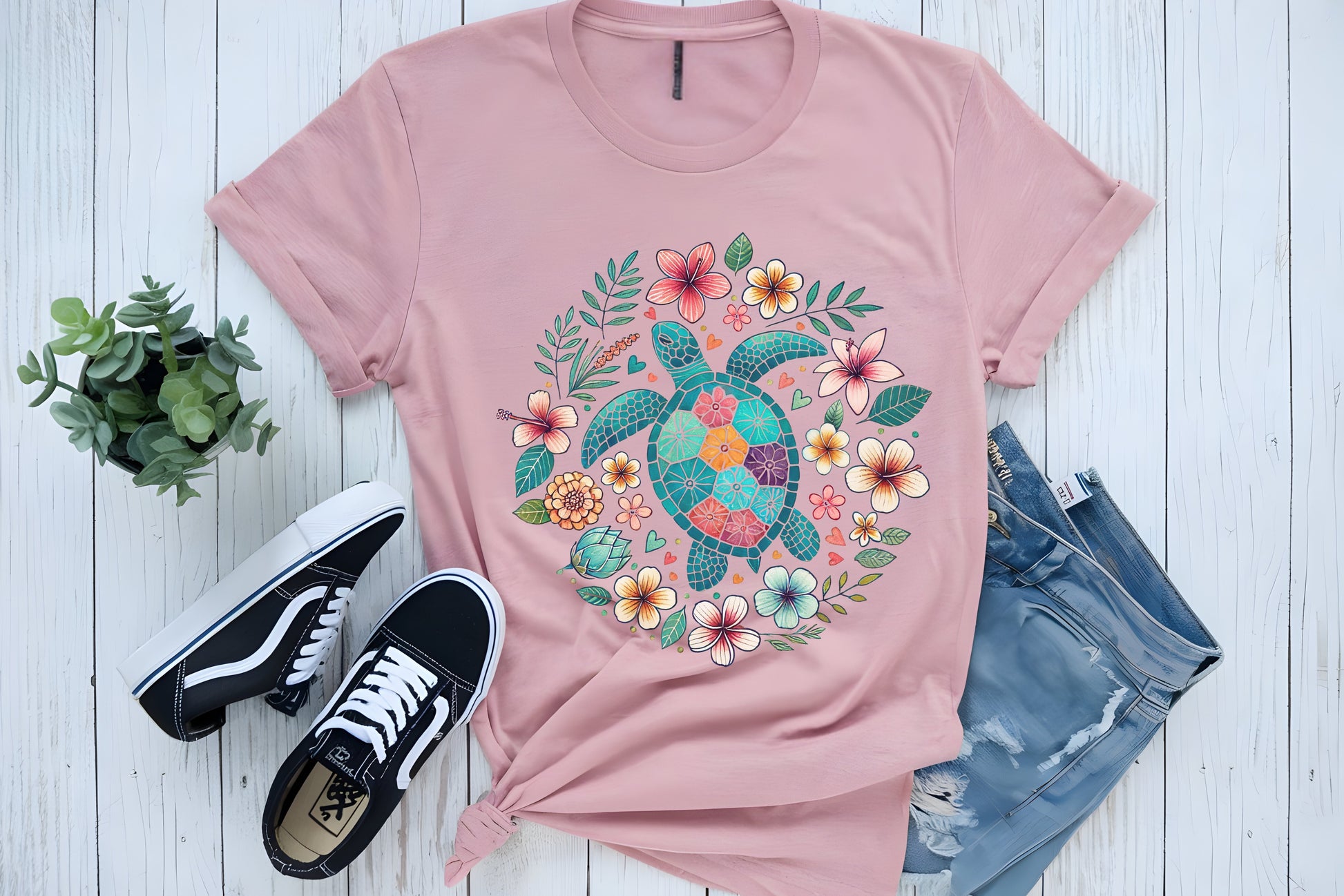 Turtle Ocean Sun T-Shirt, Floral Turtle Shirt, Boho Beach Tshirt - PopCultureByDesign36