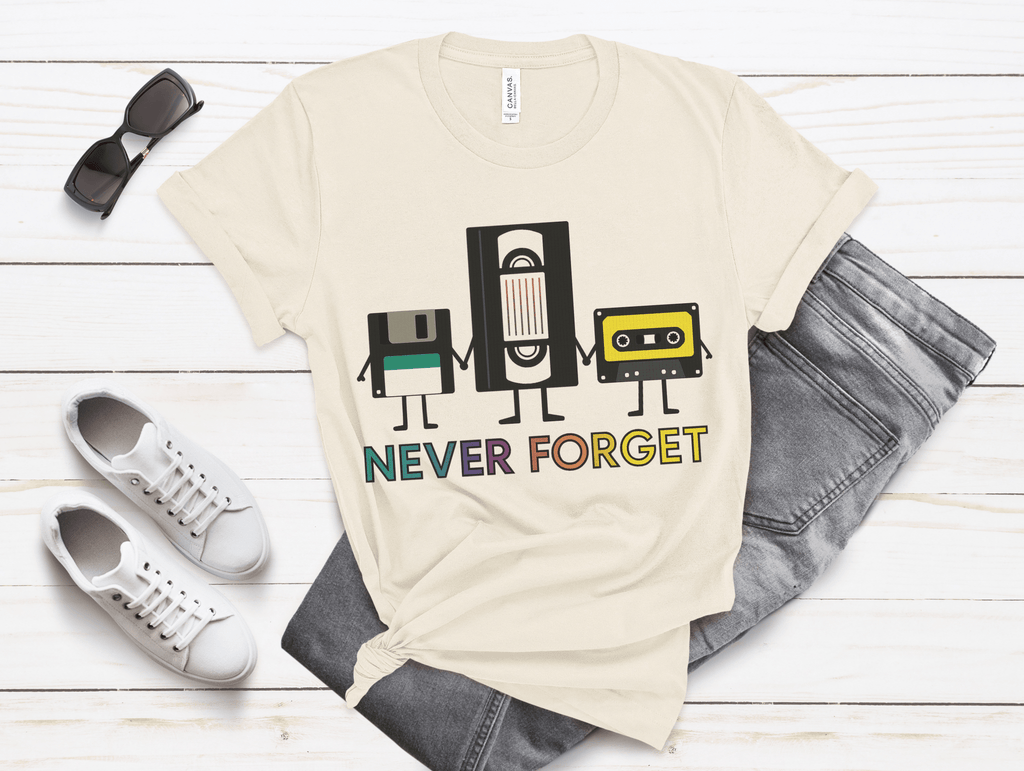 Retro VHS & Cassette Tape Tee, Vintage Never Forget T-Shirt by PopCultureByDesign36
