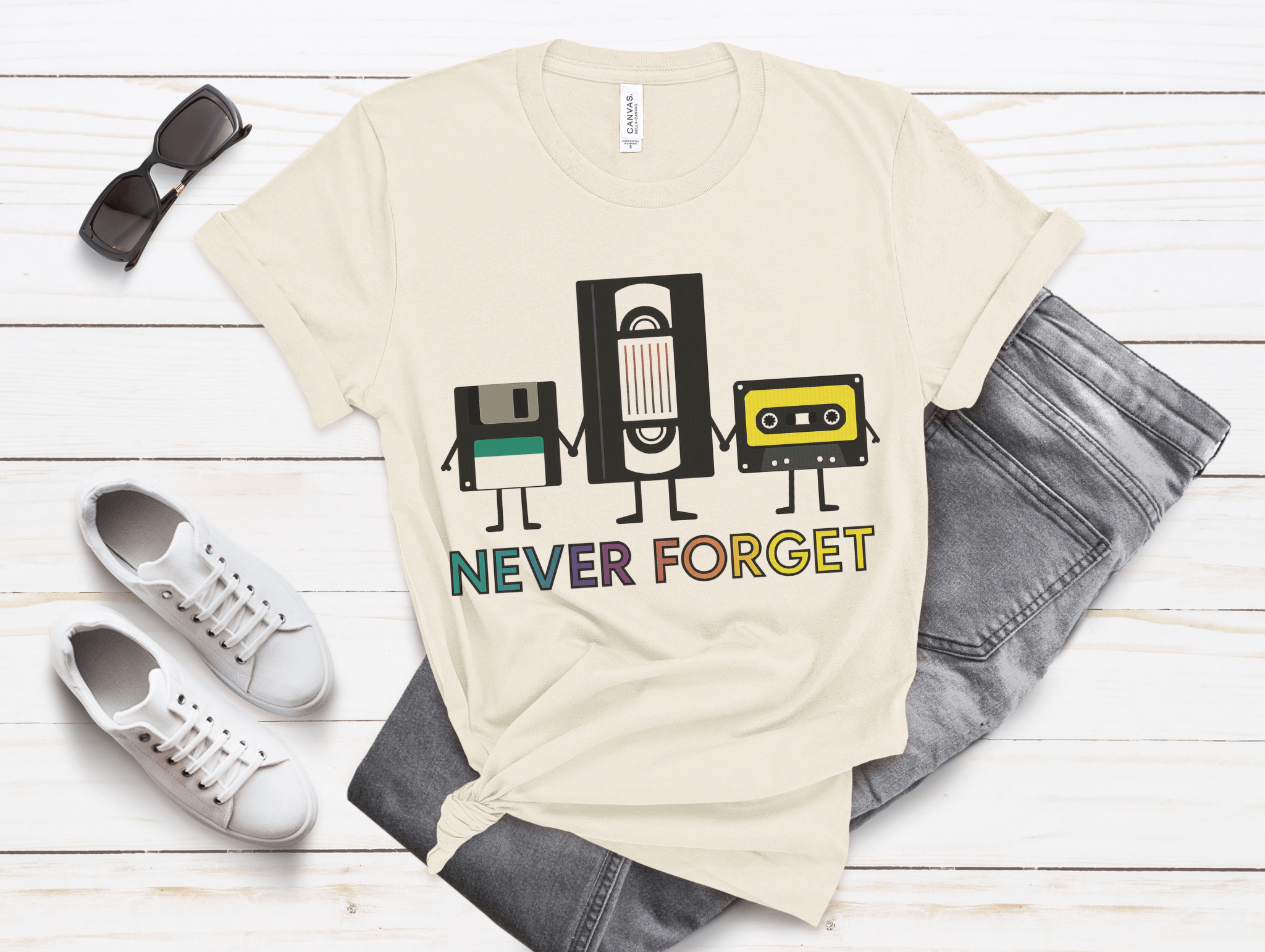 Retro VHS & Cassette Tape Tee, Vintage Never Forget T-Shirt by PopCultureByDesign36