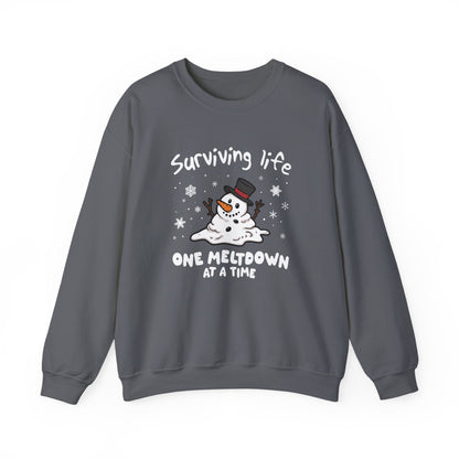Snowman Christmas Sweatshirt, Survive One Meltdown at a Time, Holiday Winter Jumper, Funny Xmas Pullover, Cozy Festive Top, Unisex Winter - Popbydesign