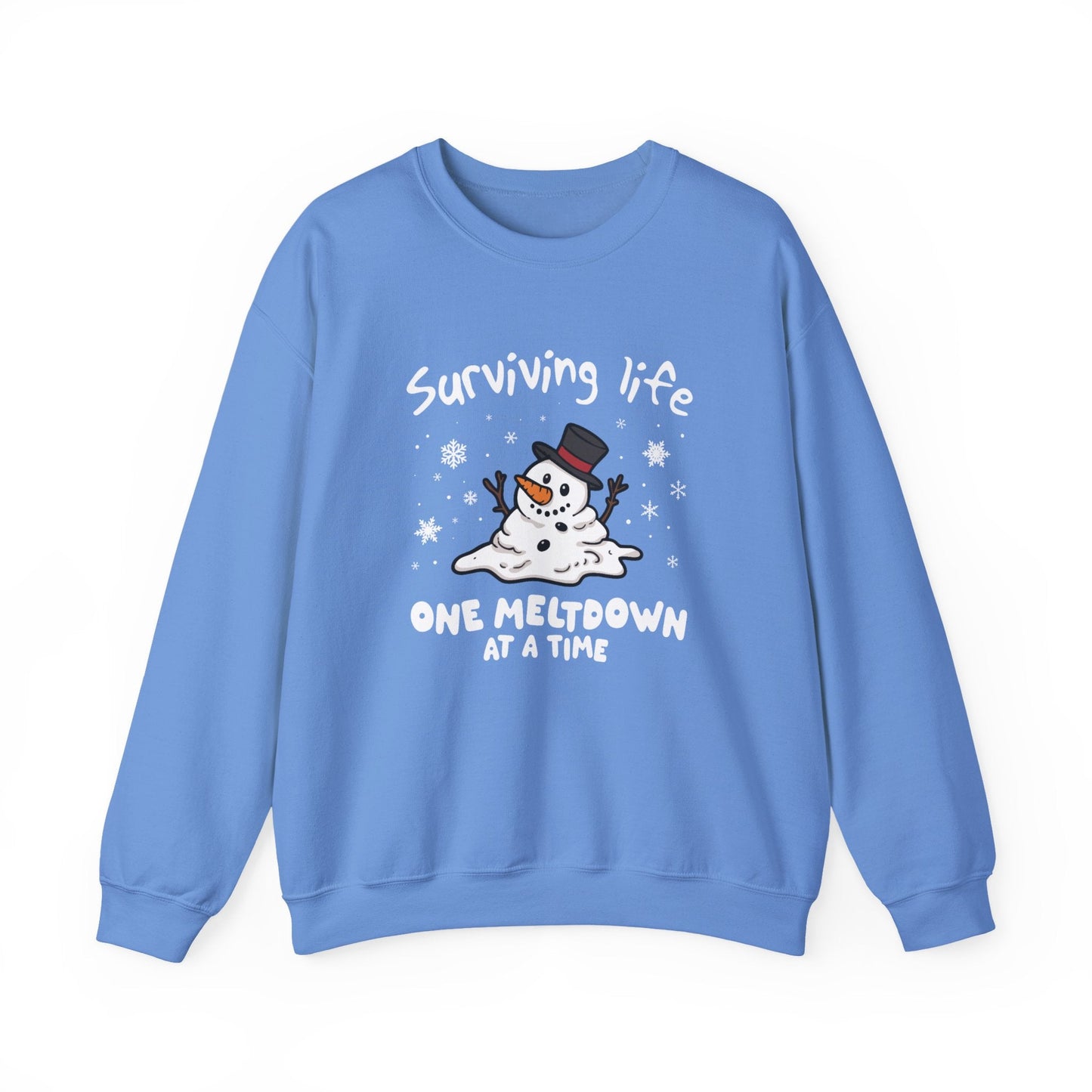 Snowman Christmas Sweatshirt, Survive One Meltdown at a Time, Holiday Winter Jumper, Funny Xmas Pullover, Cozy Festive Top, Unisex Winter - Popbydesign