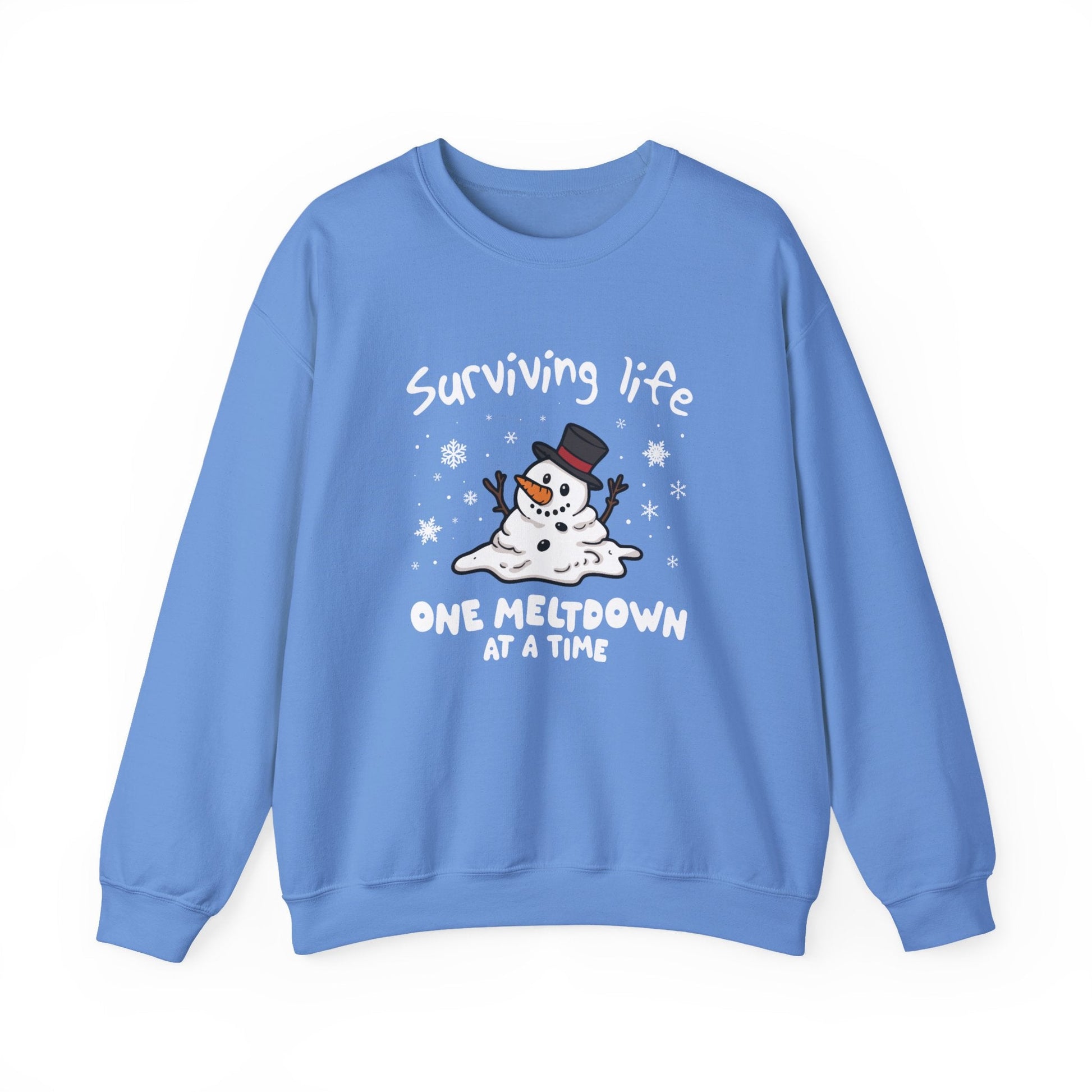 Snowman Christmas Sweatshirt, Survive One Meltdown at a Time, Holiday Winter Jumper, Funny Xmas Pullover, Cozy Festive Top, Unisex Winter - Popbydesign