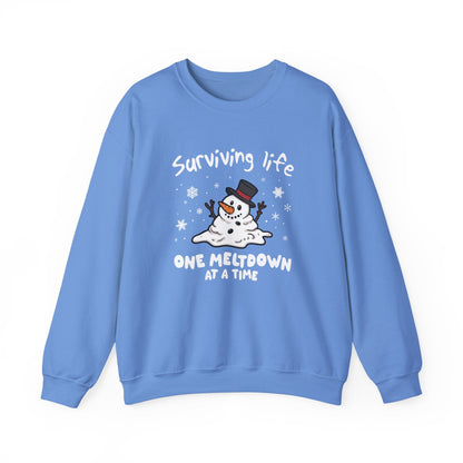 Snowman Christmas Sweatshirt, Survive One Meltdown at a Time, Holiday Winter Jumper, Funny Xmas Pullover, Cozy Festive Top, Unisex Winter - Popbydesign