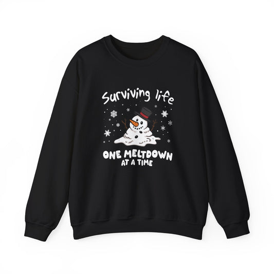 Snowman Christmas Sweatshirt, Survive One Meltdown at a Time, Holiday Winter Jumper, Funny Xmas Pullover, Cozy Festive Top, Unisex Winter - Popbydesign