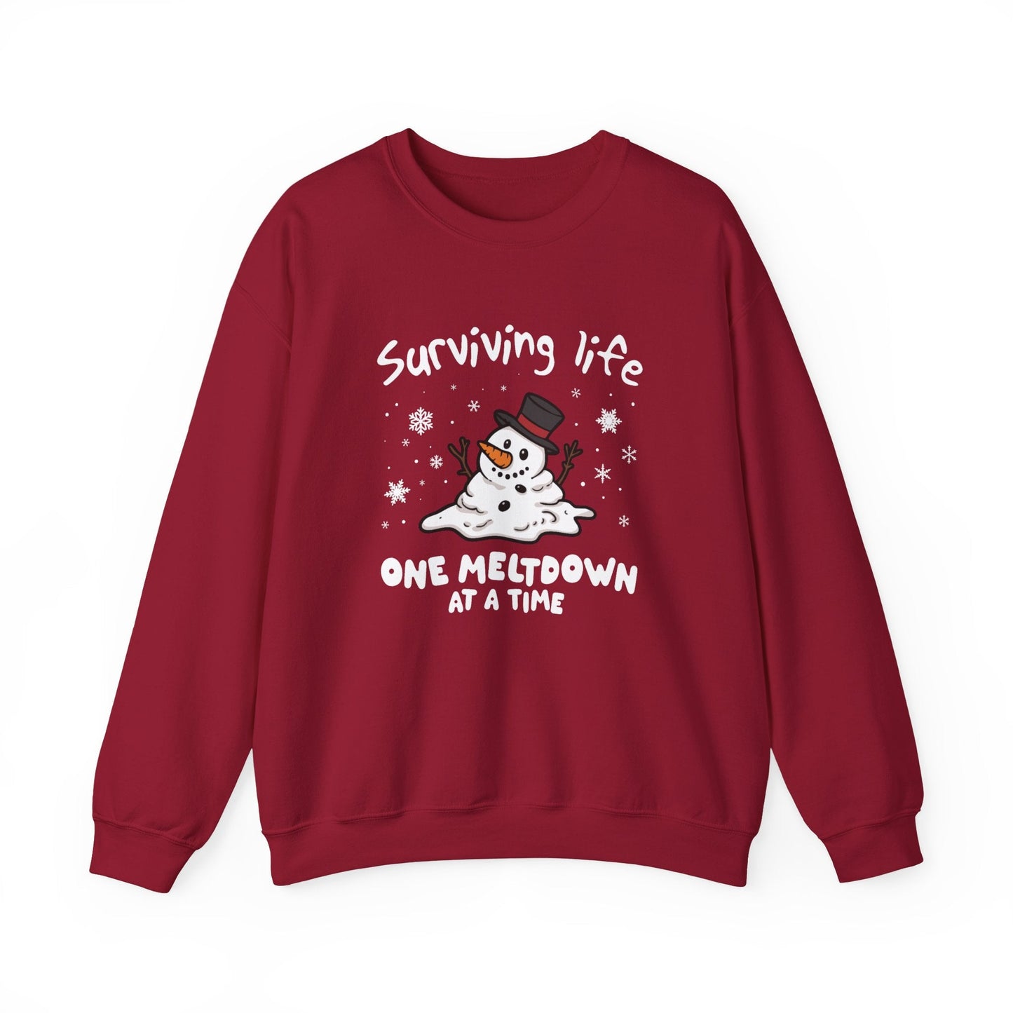 Snowman Christmas Sweatshirt, Survive One Meltdown at a Time, Holiday Winter Jumper, Funny Xmas Pullover, Cozy Festive Top, Unisex Winter - Popbydesign