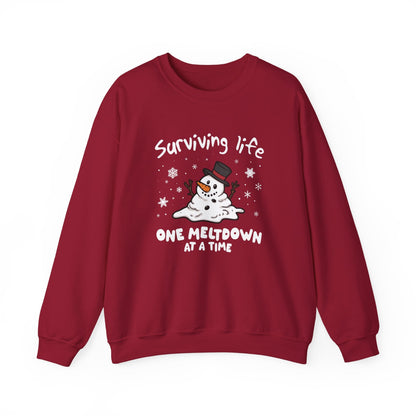Snowman Christmas Sweatshirt, Survive One Meltdown at a Time, Holiday Winter Jumper, Funny Xmas Pullover, Cozy Festive Top, Unisex Winter - Popbydesign
