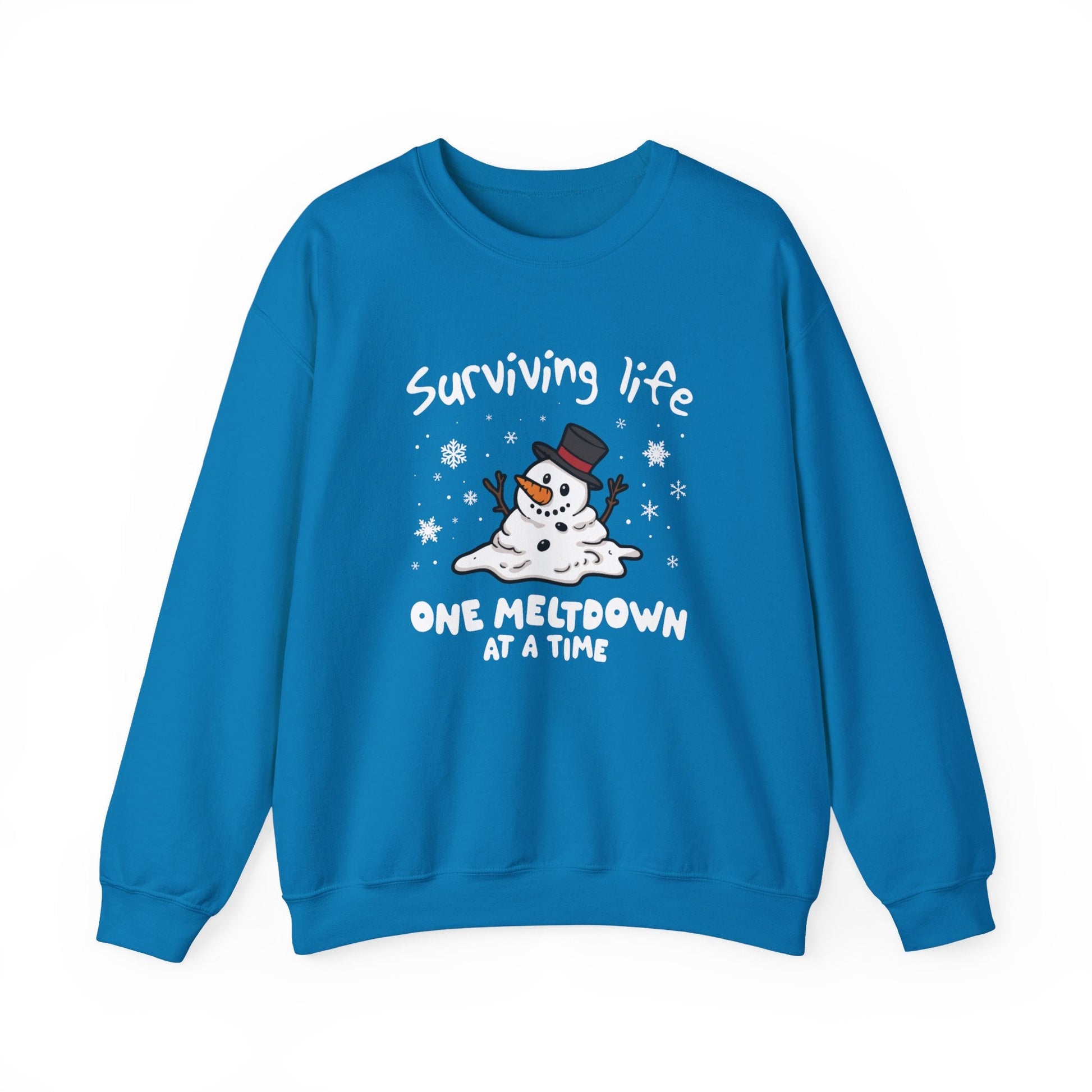 Snowman Christmas Sweatshirt, Survive One Meltdown at a Time, Holiday Winter Jumper, Funny Xmas Pullover, Cozy Festive Top, Unisex Winter - Popbydesign