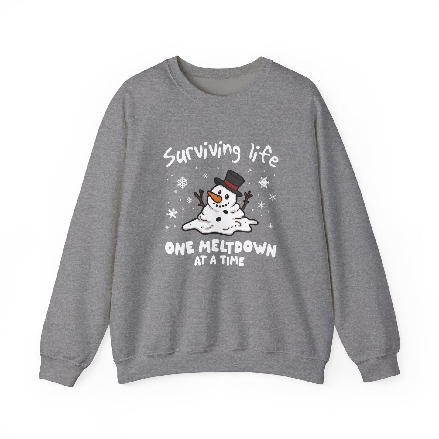 Snowman Christmas Sweatshirt, Survive One Meltdown at a Time, Holiday Winter Jumper, Funny Xmas Pullover, Cozy Festive Top, Unisex Winter - Popbydesign