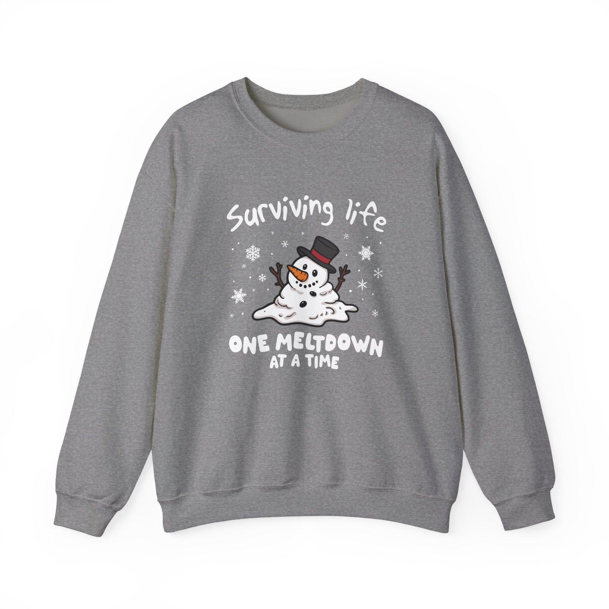 Snowman Christmas Sweatshirt, Survive One Meltdown at a Time, Holiday Winter Jumper, Funny Xmas Pullover, Cozy Festive Top, Unisex Winter - Popbydesign
