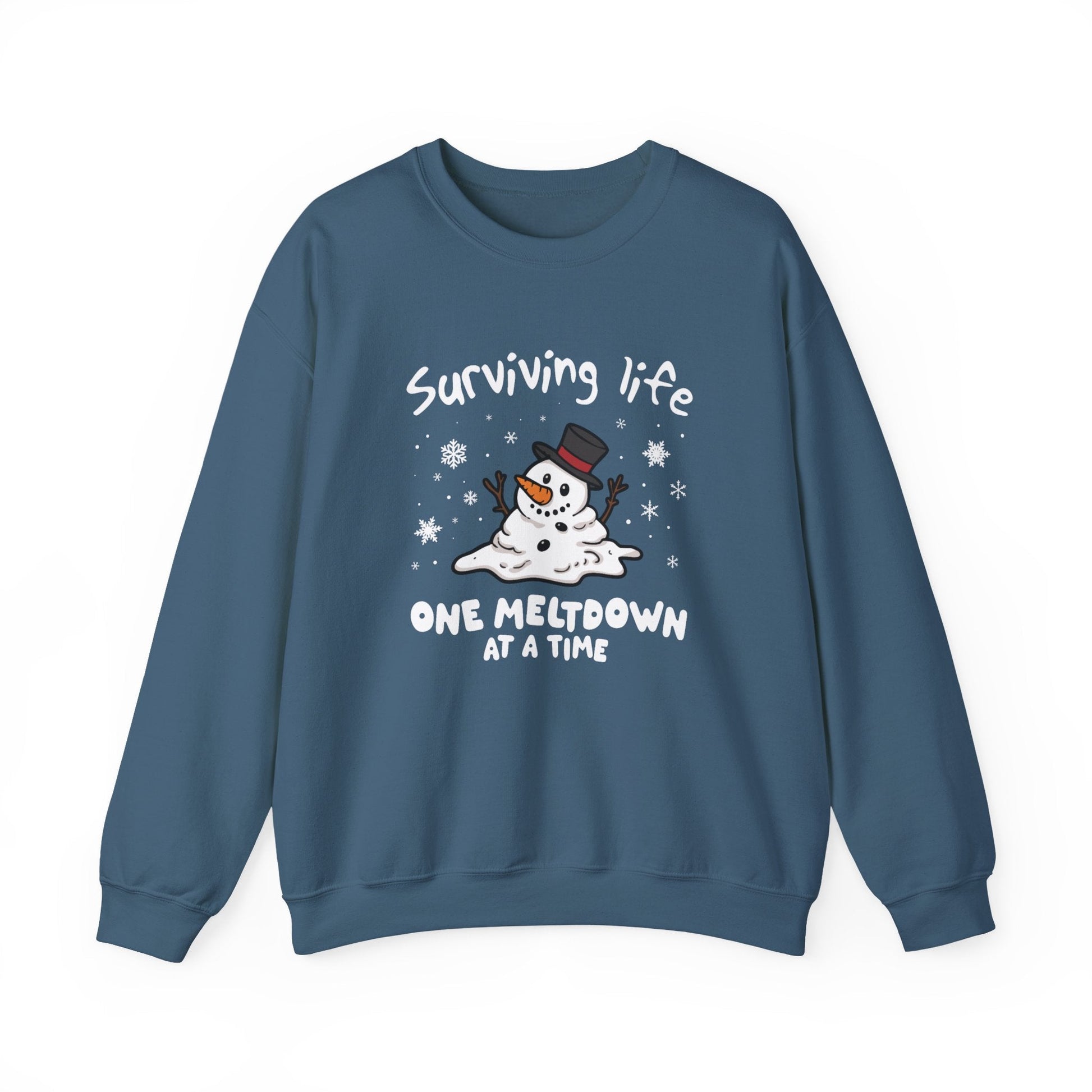 Snowman Christmas Sweatshirt, Survive One Meltdown at a Time, Holiday Winter Jumper, Funny Xmas Pullover, Cozy Festive Top, Unisex Winter - Popbydesign