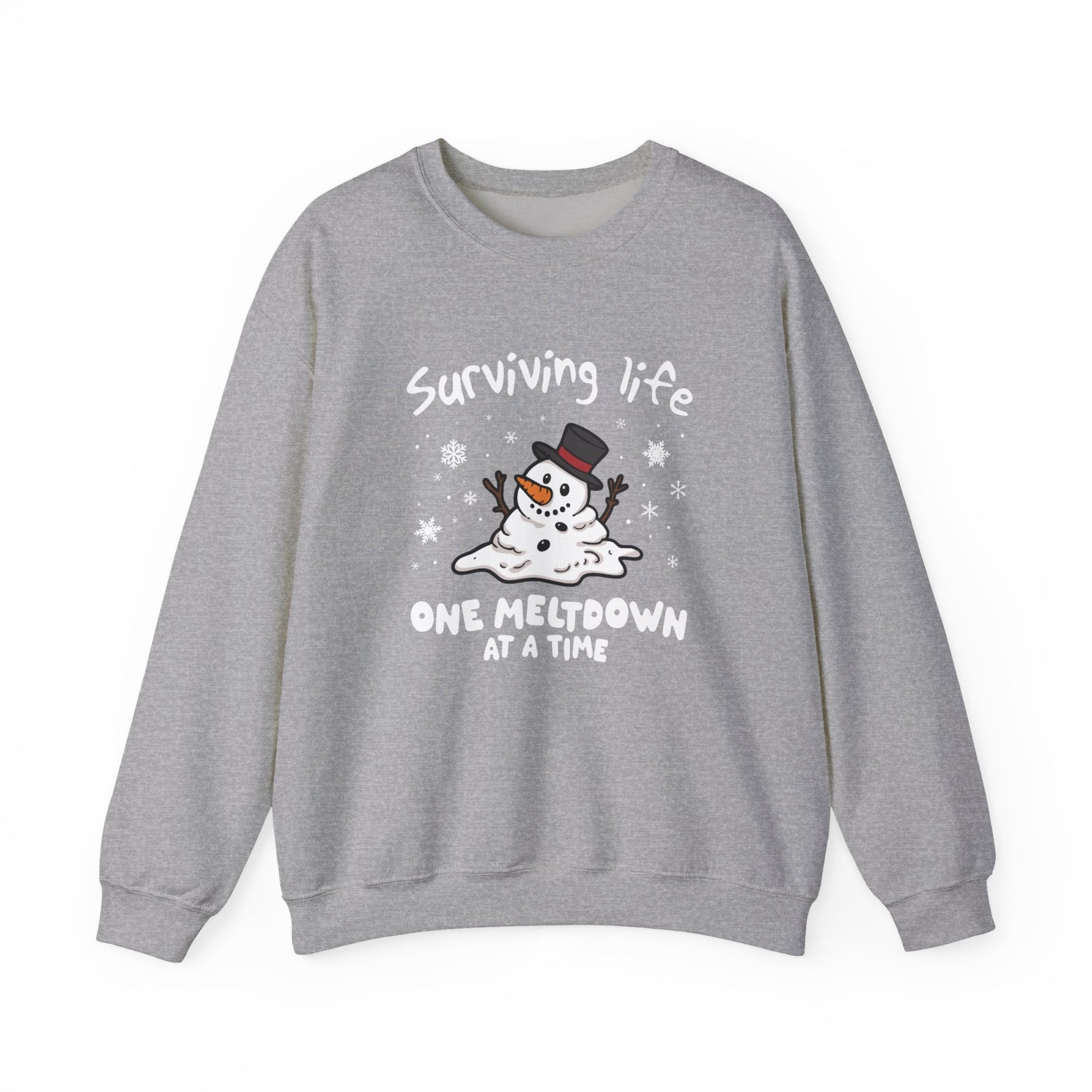 Snowman Christmas Sweatshirt, Survive One Meltdown at a Time, Holiday Winter Jumper, Funny Xmas Pullover, Cozy Festive Top, Unisex Winter - Popbydesign