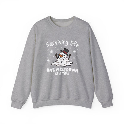 Snowman Christmas Sweatshirt, Survive One Meltdown at a Time, Holiday Winter Jumper, Funny Xmas Pullover, Cozy Festive Top, Unisex Winter - Popbydesign