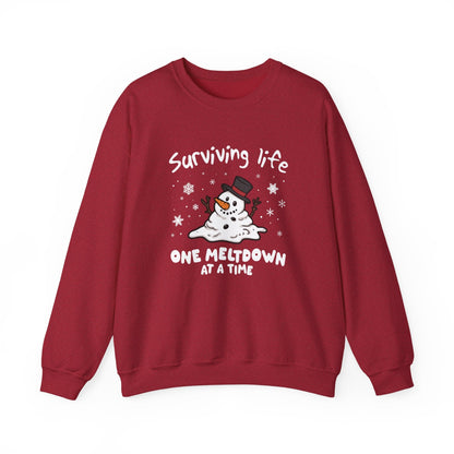 Snowman Christmas Sweatshirt, Survive One Meltdown at a Time, Holiday Winter Jumper, Funny Xmas Pullover, Cozy Festive Top, Unisex Winter - Popbydesign