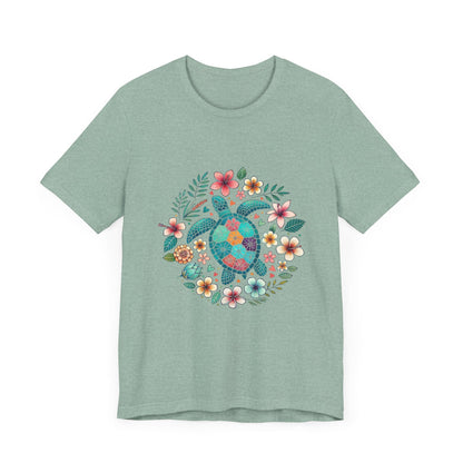 Turtle Ocean Sun T-Shirt, Floral Turtle Shirt, Boho Beach Tshirt - Popbydesign