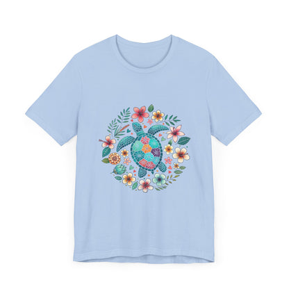 Turtle Ocean Sun T-Shirt, Floral Turtle Shirt, Boho Beach Tshirt - Popbydesign