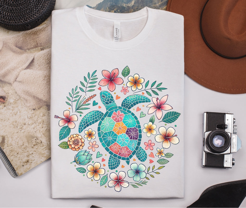 Turtle Ocean Sun T-Shirt, Floral Turtle Shirt, Boho Beach Tshirt by PopCultureByDesign36