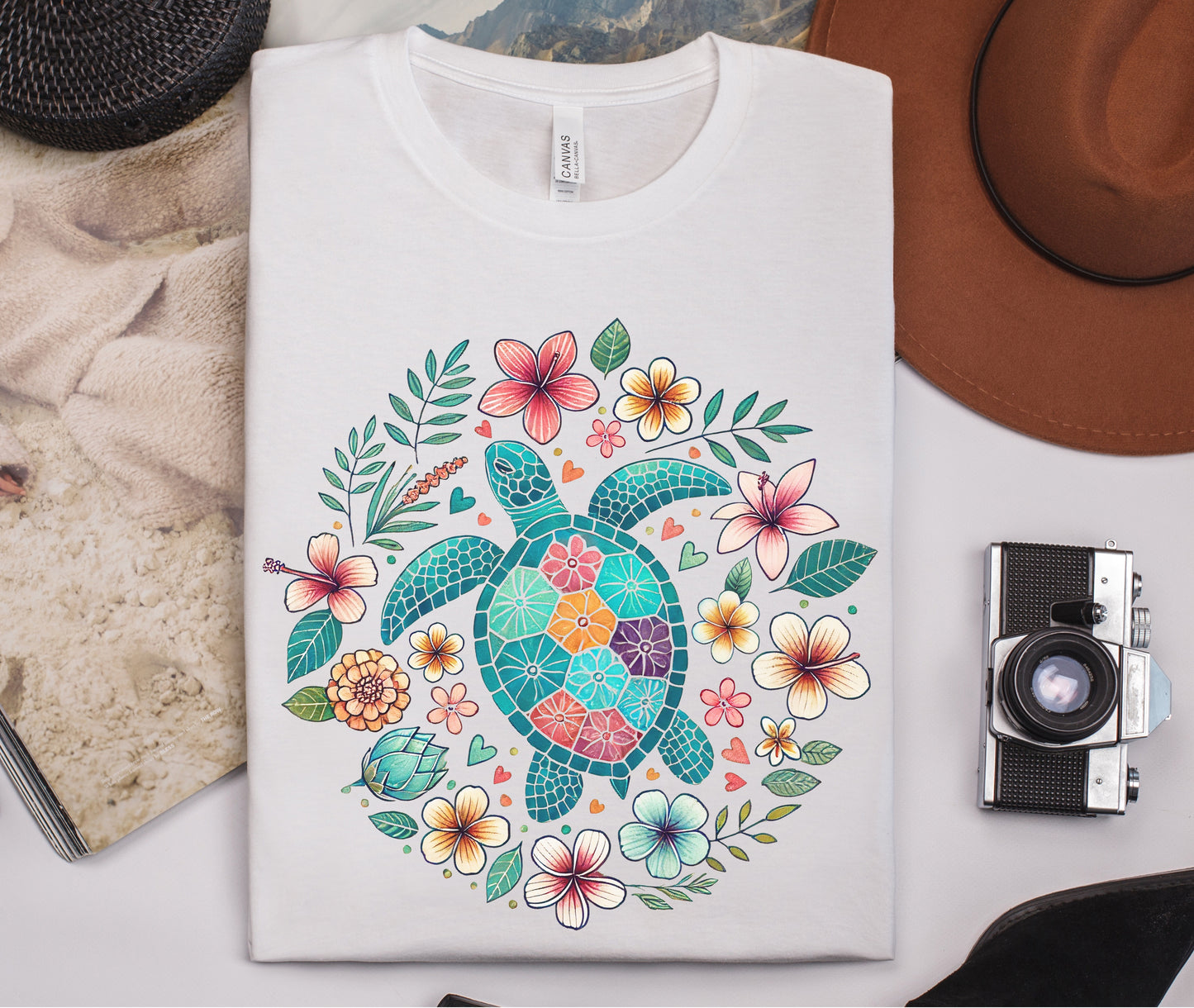 Turtle Ocean Sun T-Shirt, Floral Turtle Shirt, Boho Beach Tshirt - PopCultureByDesign36